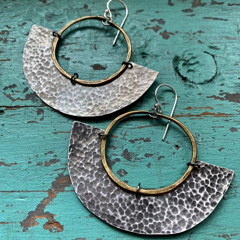 Jennifer Kahn Mezzaluna Earrings - Small Brass Hoop, Thick Silver