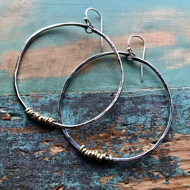 Jennifer Kahn Large Silver Hoop Earrings with Brass Heishi